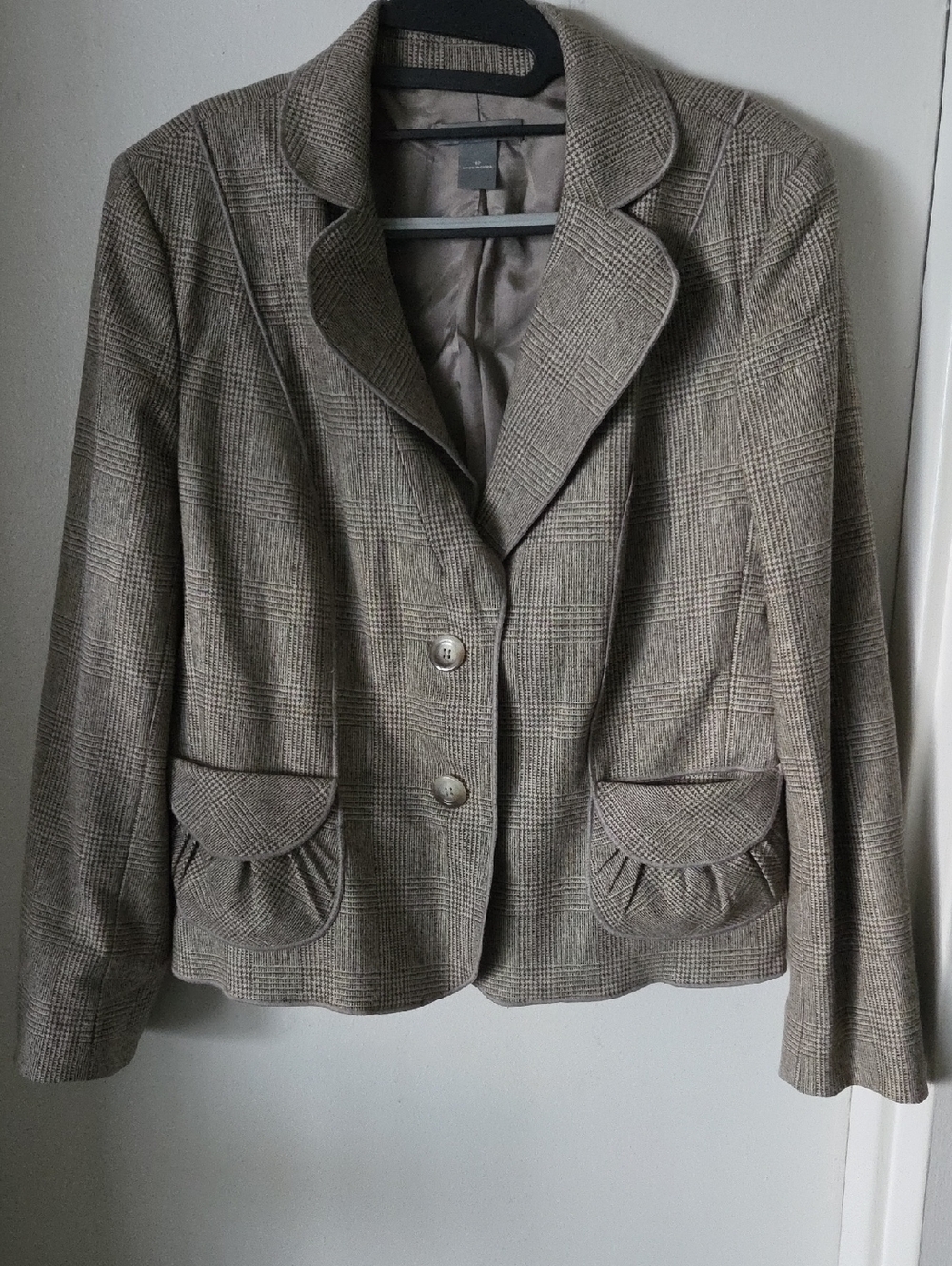 Ann Taylor Womens Plaid Tailored Blazer Jacket - Taupe